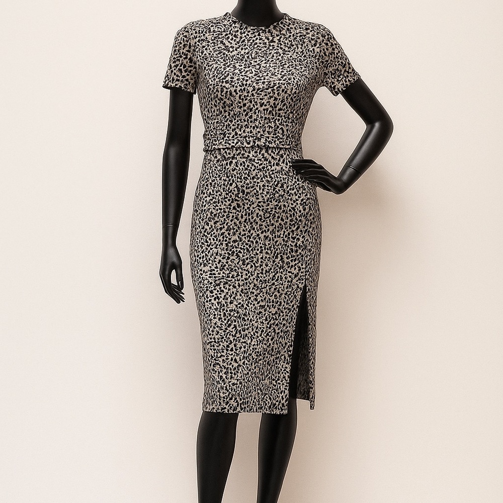 Zara Elegant Leopard Print Midi Dress with Side Slit - Size Small + Belt